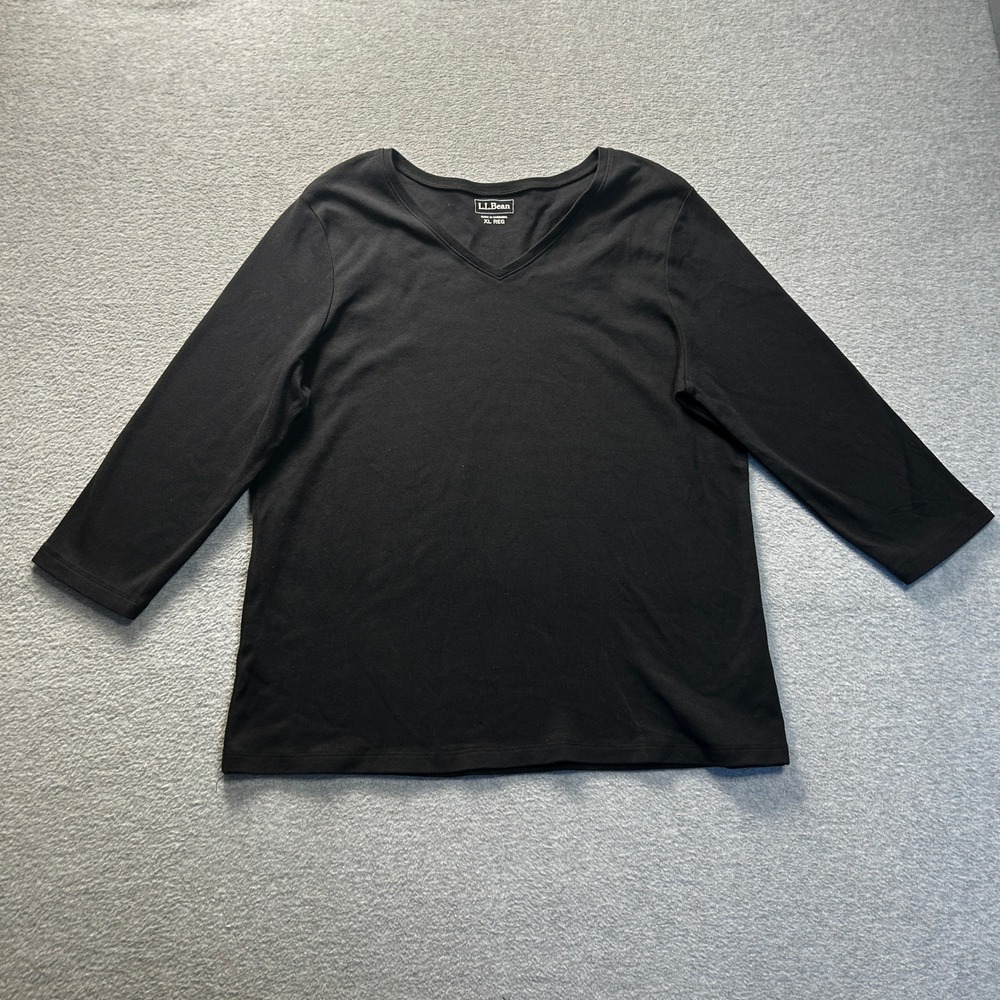 L.L.Bean V Neck 3/4 Sleeve Womens XL Black  Stretch Casual Minimalist Cotton Top